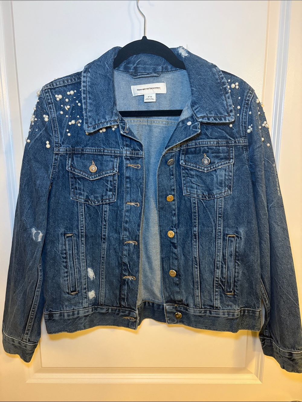 Pilcro and the Letterpress Pearl-Embellished Blue Denim Jacket